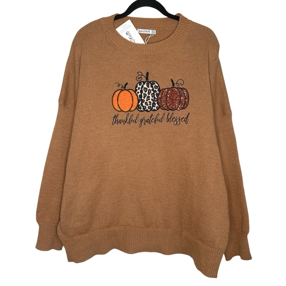 Thankful Grateful Blessed Pumpkin Harvest Sweater 3XL Thanksgiving Embroider NEW